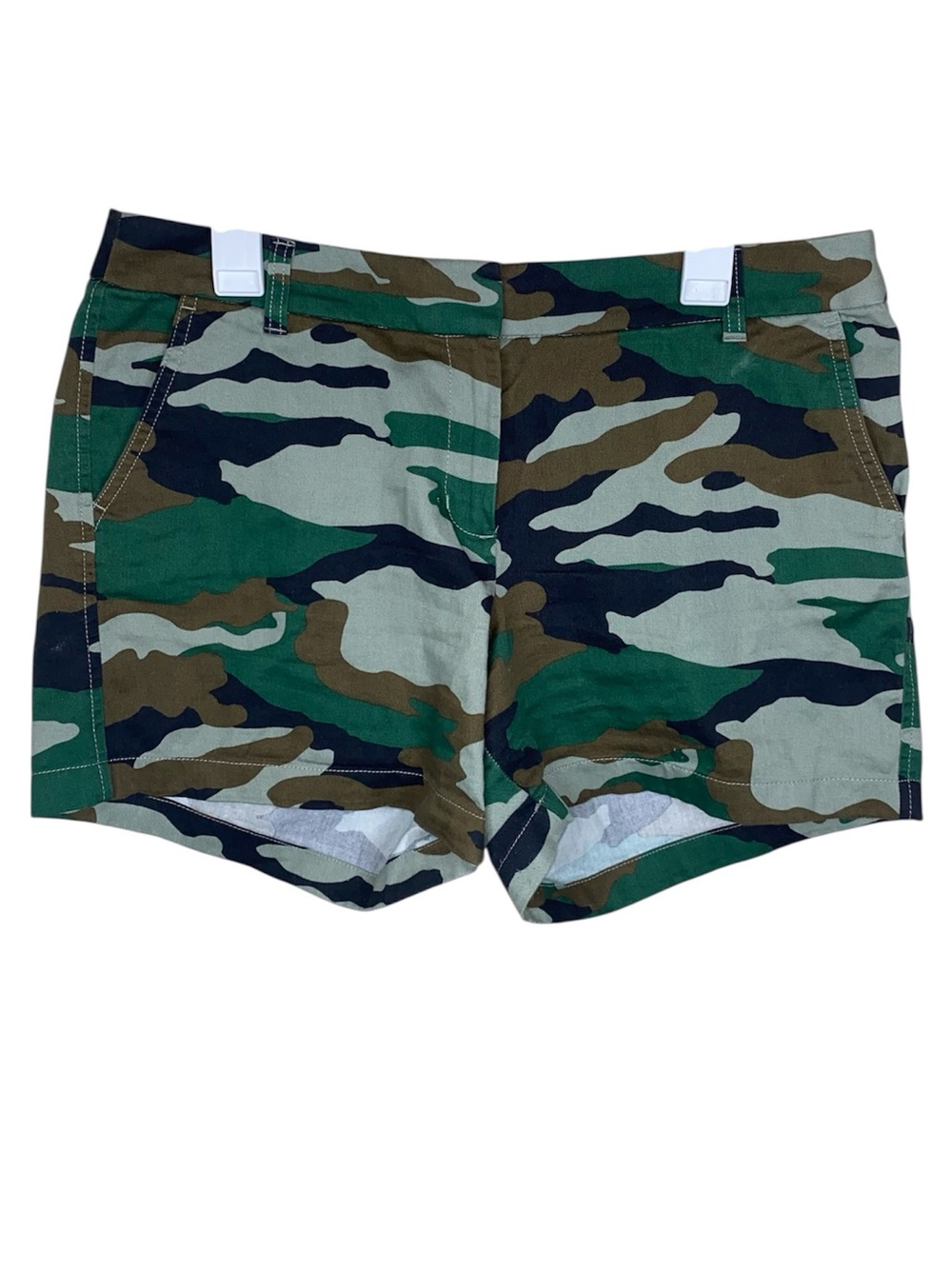 J. CREW Women’s Classic Chino Shorts featuring a green camouflage pattern.